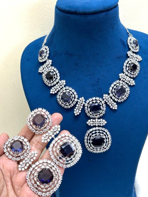 925 Silver plated Choker Necklace CZ Blue Sapphire Fashion Jewelry Set - Image 3