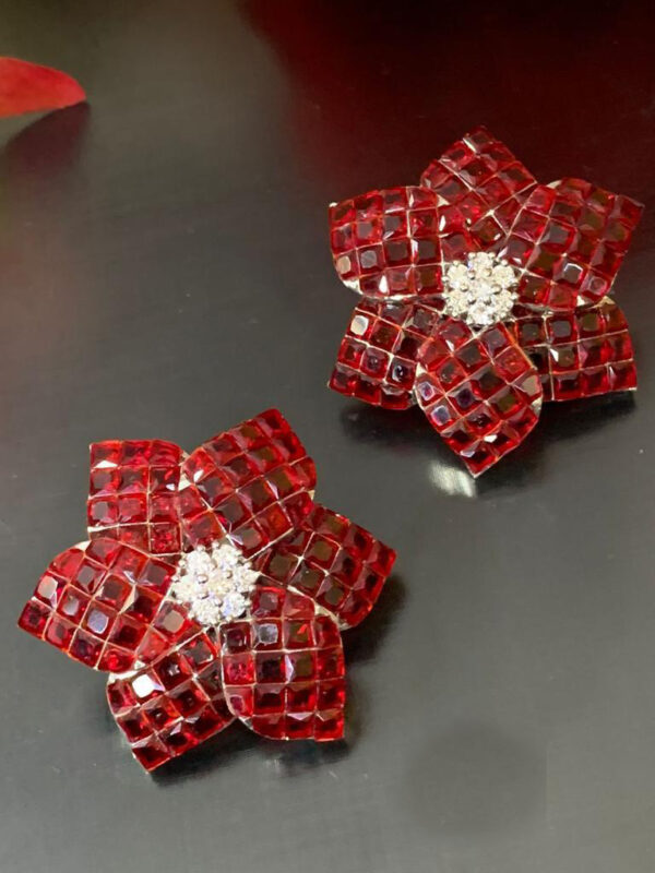 Gold Plated Ruby Studs Earrings Indian Flower Jewelry