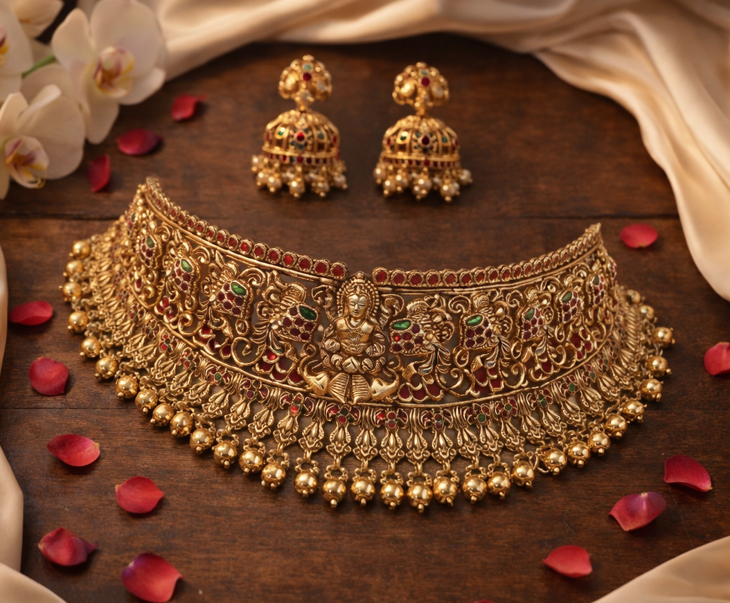 Indian Fashion Matt Gold Plated Choker Temple Jewelry Set