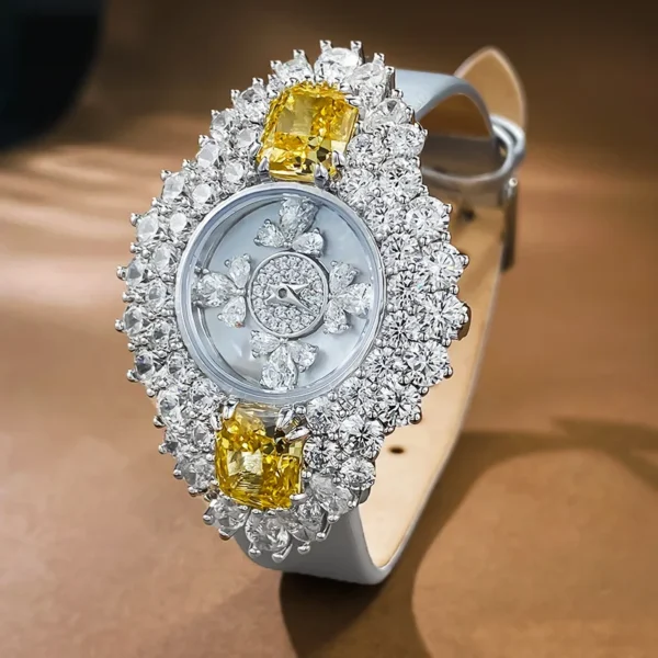 New 925 Silver Fashion Elegant Genuine Leather Watch High Carbon Diamond Yellow Quartz Women's Rich Edition - Image 2