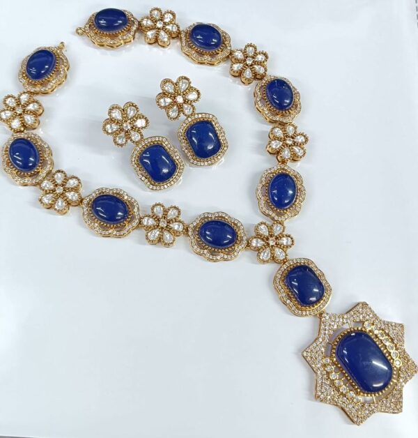 Indian Gold Plated CZ Bollywood Style Choke Kundan Blue Necklace Jewelry Set - Image 2