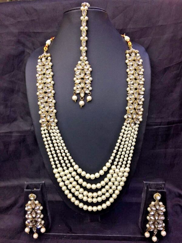 Gold Plated Pearl Indian Necklace Rani Haar Bollywood Style Fashion Wedding Jewellery Set - Image 2