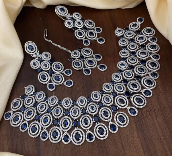 Silver Plated Indian Bollywood Style Choke Big Necklace Blue CZ Jewelry Set - Image 2