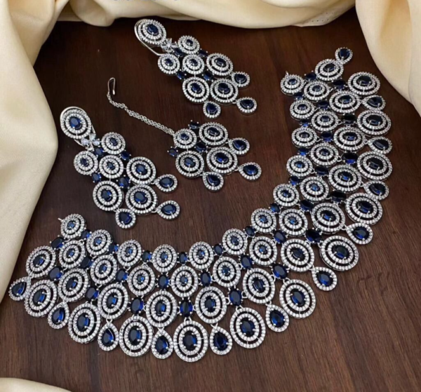 Silver Plated Indian Bollywood Style Choke Big Necklace Blue CZ Jewelry Set - Image 3