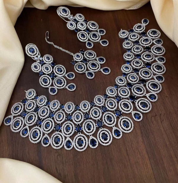 Silver Plated Indian Bollywood Style Choke Big Necklace Blue CZ Jewelry Set - Image 5