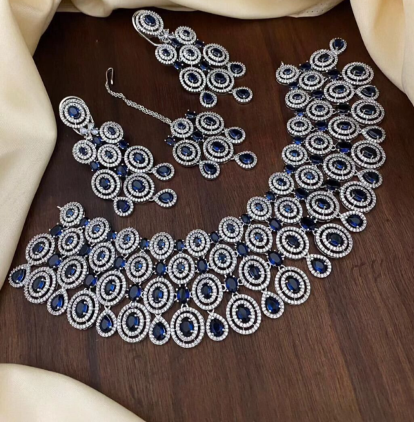 Silver Plated Indian Bollywood Style Choke Big Necklace Blue CZ Jewelry Set - Image 7