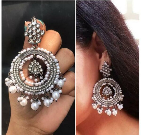 Bollywood antique Silver Gray Earrings Bridal Chandbali Jewelry Pearl Kundan Set