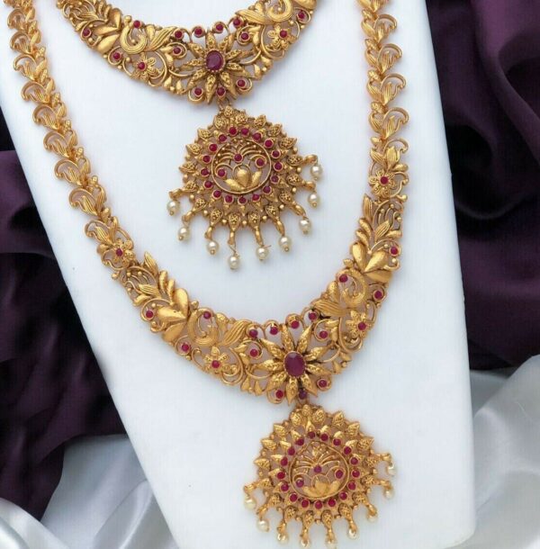 Gold Plated Indian Bollywood Style Bridal Necklace Earring Temple Jewelry Set - Image 2