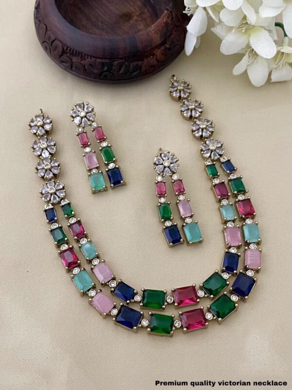 Bollywood Style Silver Plated Indian Fashion Necklace CZ Multicolor Jewelry Set - Image 7