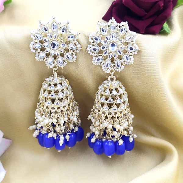 Bollywood Gold Plated Indian Kundan Big Jhumka Blue Earrings Jewelry Set