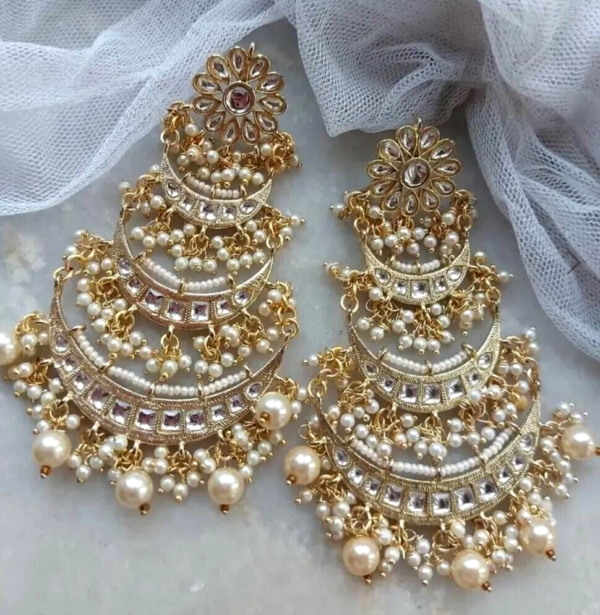 Bollywood Style Gold Plated Indian Fashion Pakistani Style Kundan Earrings Chandbali Jewelry Set - Image 2