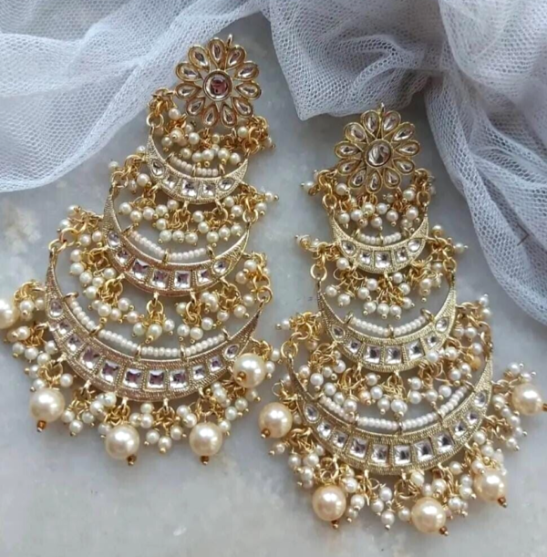 Bollywood Style Gold Plated Indian Fashion Pakistani Style Kundan Earrings Chandbali Jewelry Set - Image 3