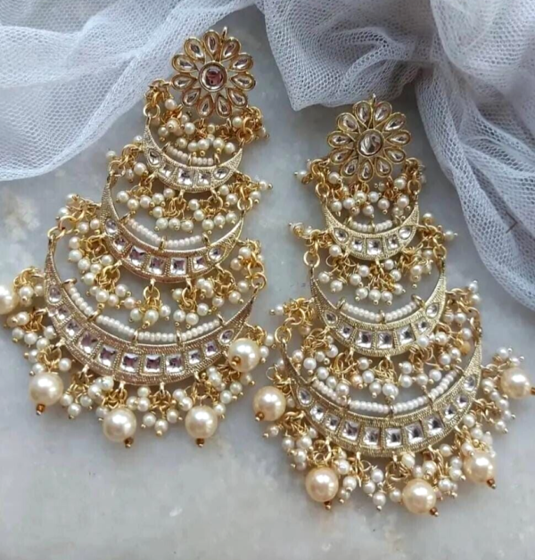 Bollywood Style Gold Plated Indian Fashion Pakistani Style Kundan Earrings Chandbali Jewelry Set - Image 5