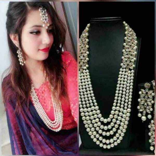 Gold Plated Pearl Indian Necklace Rani Haar Bollywood Style Fashion Wedding Jewellery Set - Image 5