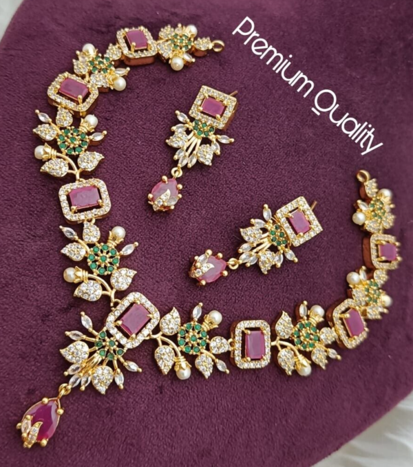 Bollywood Style Gold Forming Indian Choker Necklace CZ Ruby Jewelry Set - Image 2