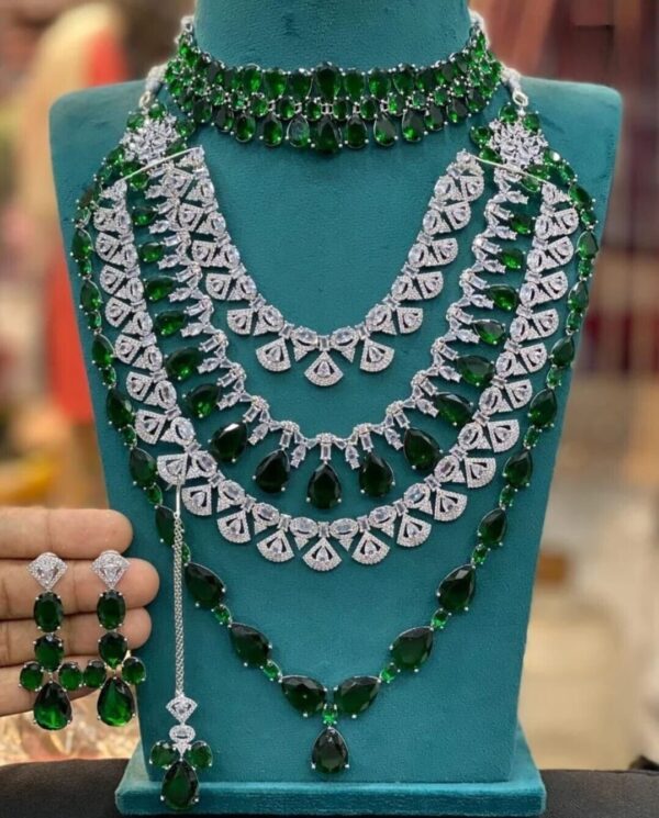 Silver Plated Indian Bollywood Style Set Of 2 Necklace Emerald CZ Jewelry Set