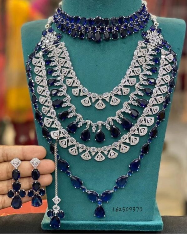 Silver Plated Indian Bollywood Style Set Of 2 Necklace Blue CZ Jewelry Set