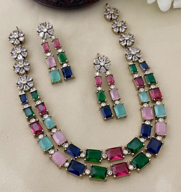 Bollywood Style Silver Plated Indian Fashion Necklace CZ Multicolor Jewelry Set