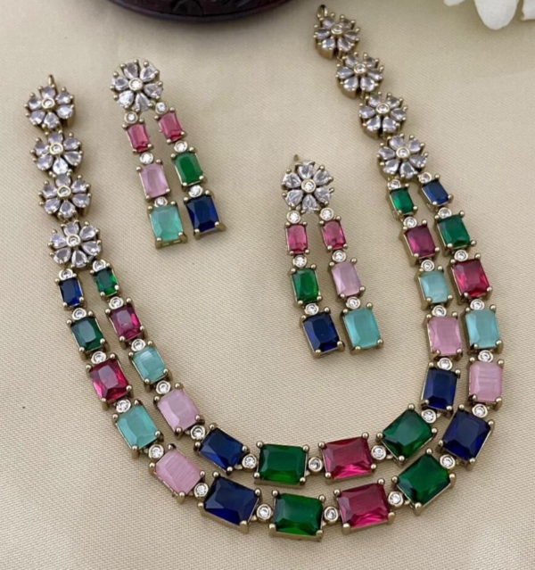 Bollywood Style Silver Plated Indian Fashion Necklace CZ Multicolor Jewelry Set - Image 2