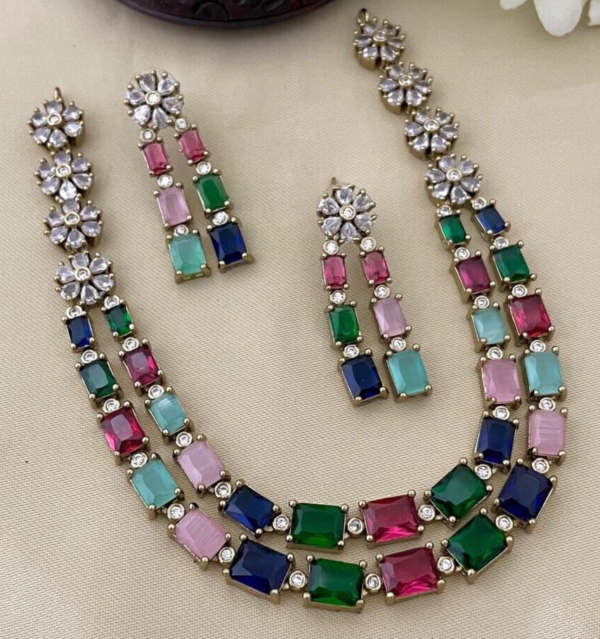 Bollywood Style Silver Plated Indian Fashion Necklace CZ Multicolor Jewelry Set - Image 3