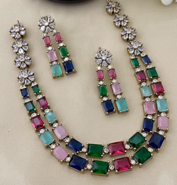 Bollywood Style Silver Plated Indian Fashion Necklace CZ Multicolor Jewelry Set - Image 4