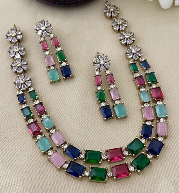 Bollywood Style Silver Plated Indian Fashion Necklace CZ Multicolor Jewelry Set - Image 5