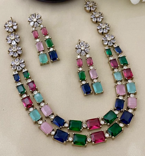 Bollywood Style Silver Plated Indian Fashion Necklace CZ Multicolor Jewelry Set - Image 6