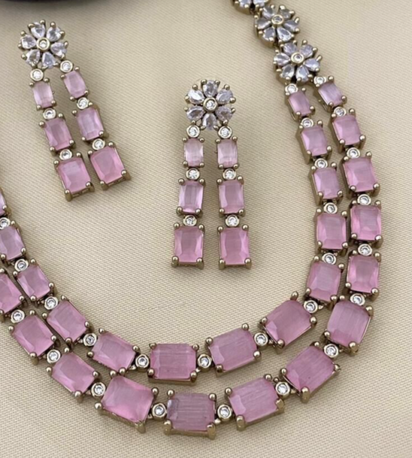 Bollywood Style Silver Plated Indian Fashion Choker Necklace CZ Pink Jewelry Set - Image 2