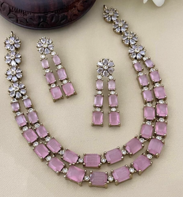 Bollywood Style Silver Plated Indian Fashion Choker Necklace CZ Pink Jewelry Set - Image 4