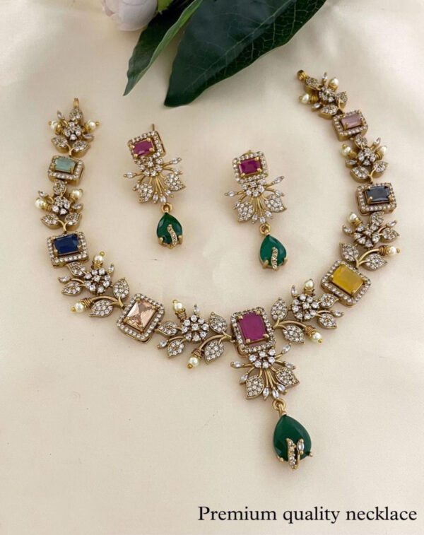 Bollywood Style Gold Forming Indian Choker Necklace CZ Multicolor Jewelry Set