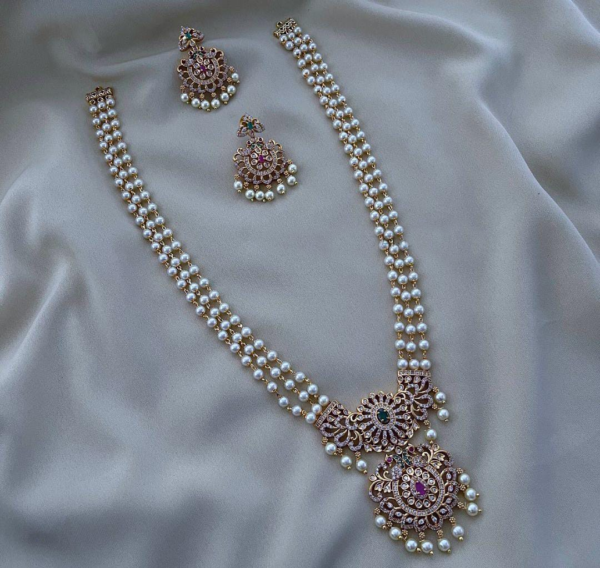 Bollywood Style gold plated CZ long Pearl Necklace Pendent Jewelry Set