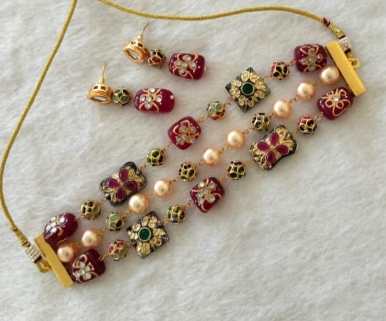 Traditional Maroon & Gold Kundan Necklace Set with Matching Earrings