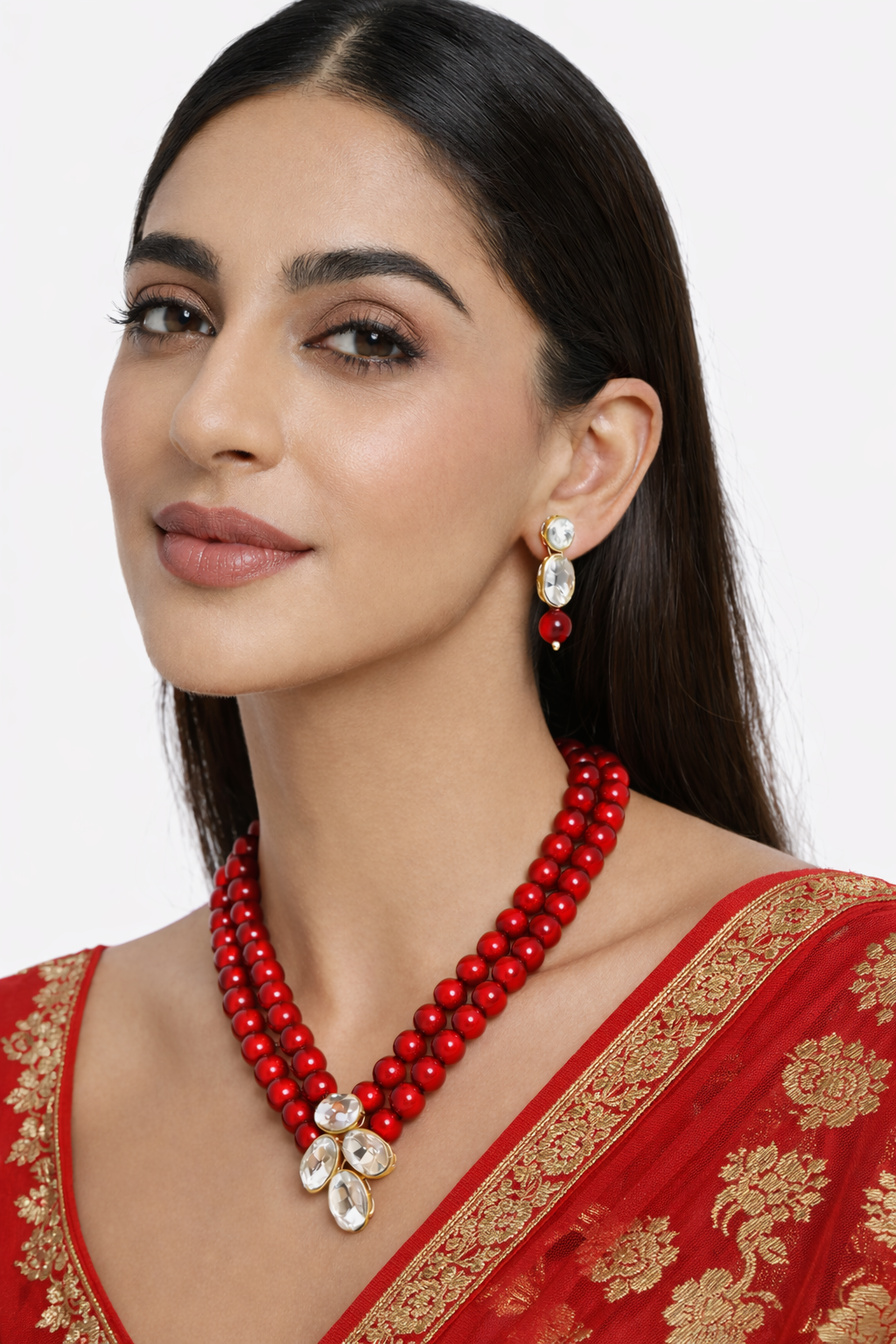 Maroon & Kundan Oval-Cut Necklace Set – Traditional Gold-Plated Bead Jewellery with Matching Drop Earrings for Weddings & Festive Wear