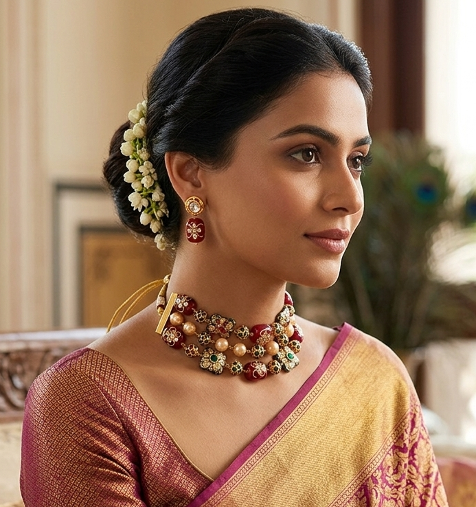 Traditional Maroon & Gold Kundan Necklace Set with Matching Earrings